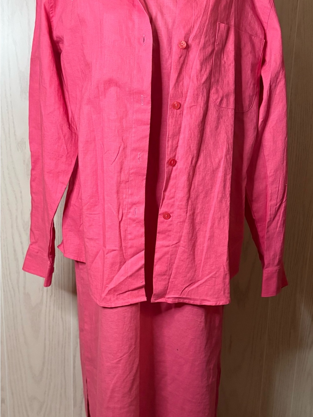 100% Linen Pink Button-Up Shirt and Sleeveless Dress Set